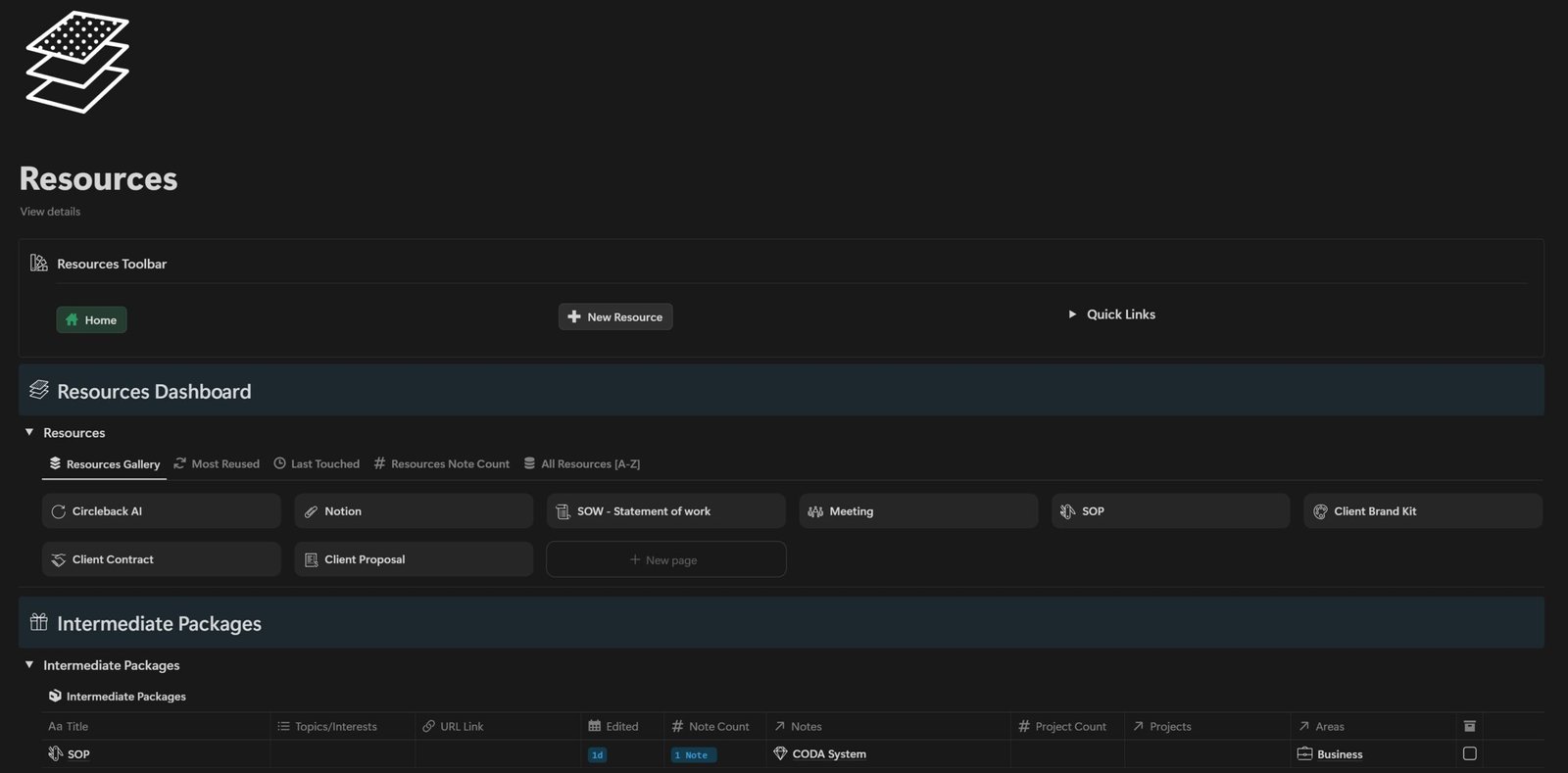 Dejan's Second Brain Notion system Resources dashboard