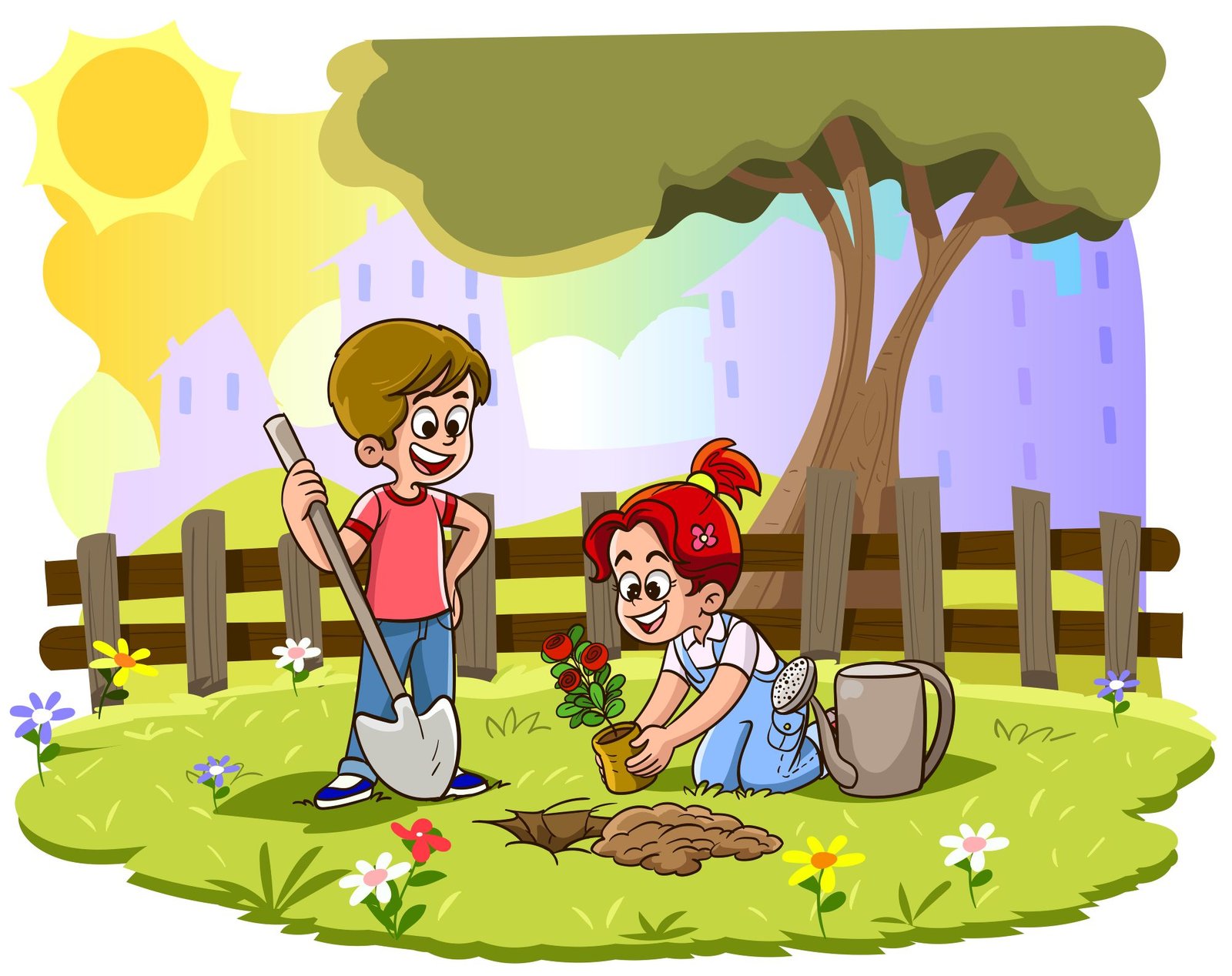 Two kids planting flower in the garden.